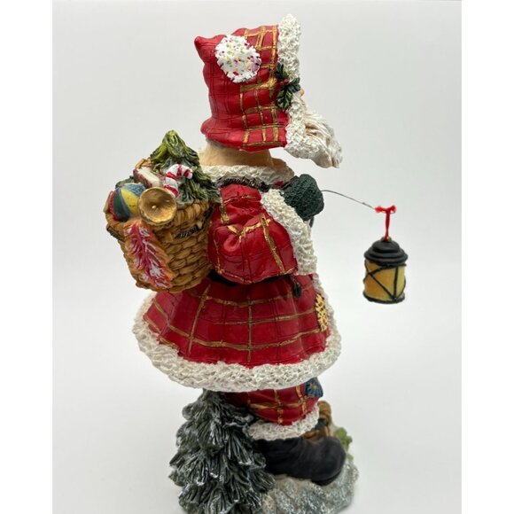 Santa Claus Christmas Figurine Bobble Lantern and Toy Basket Red Plaid Coat - Picture 9 of 11